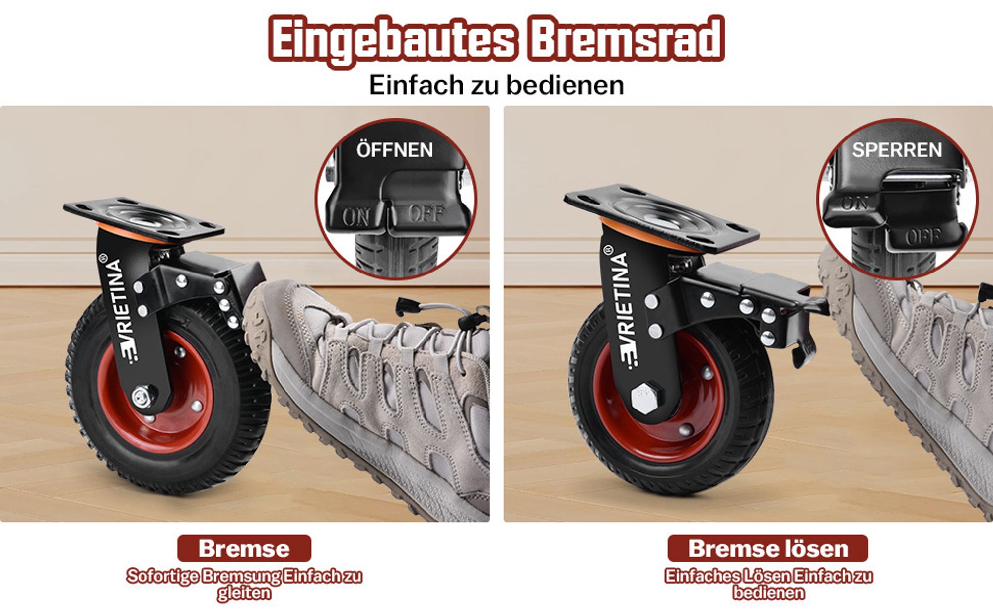 4stk Schwerlastrollen 150mm Lenkrollen mit Bremse, 360° Drehbar Transportrollen mit Deckplatte Vollgummi Rollen Max.1000kg(2 Lenkrollen 2 Bremsrollen)