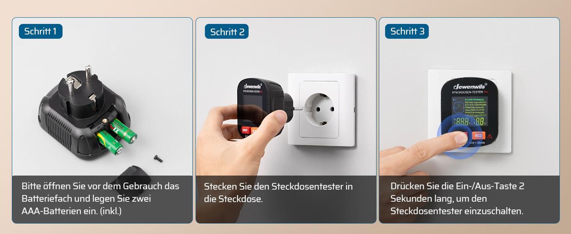 DEWENWILS Strommessgeräte, Steckdosentester mit RCD-Prüfung, Stromprüfer, FI Test
