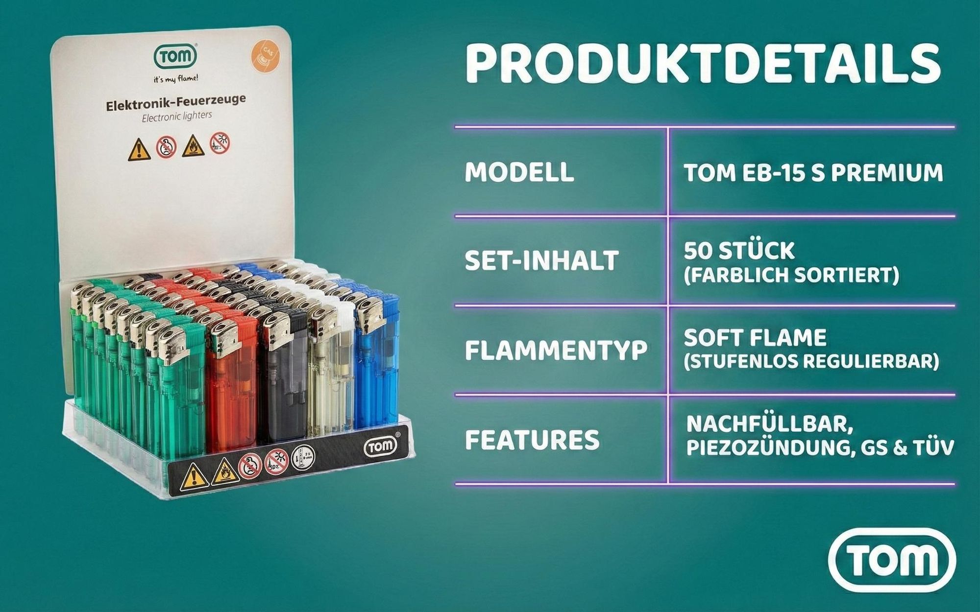 TOM Elektronik Feuerzeuge | Display | 50 Stück | Nachfüllbar | 5 Farben | Soft Flame | Elektronisch