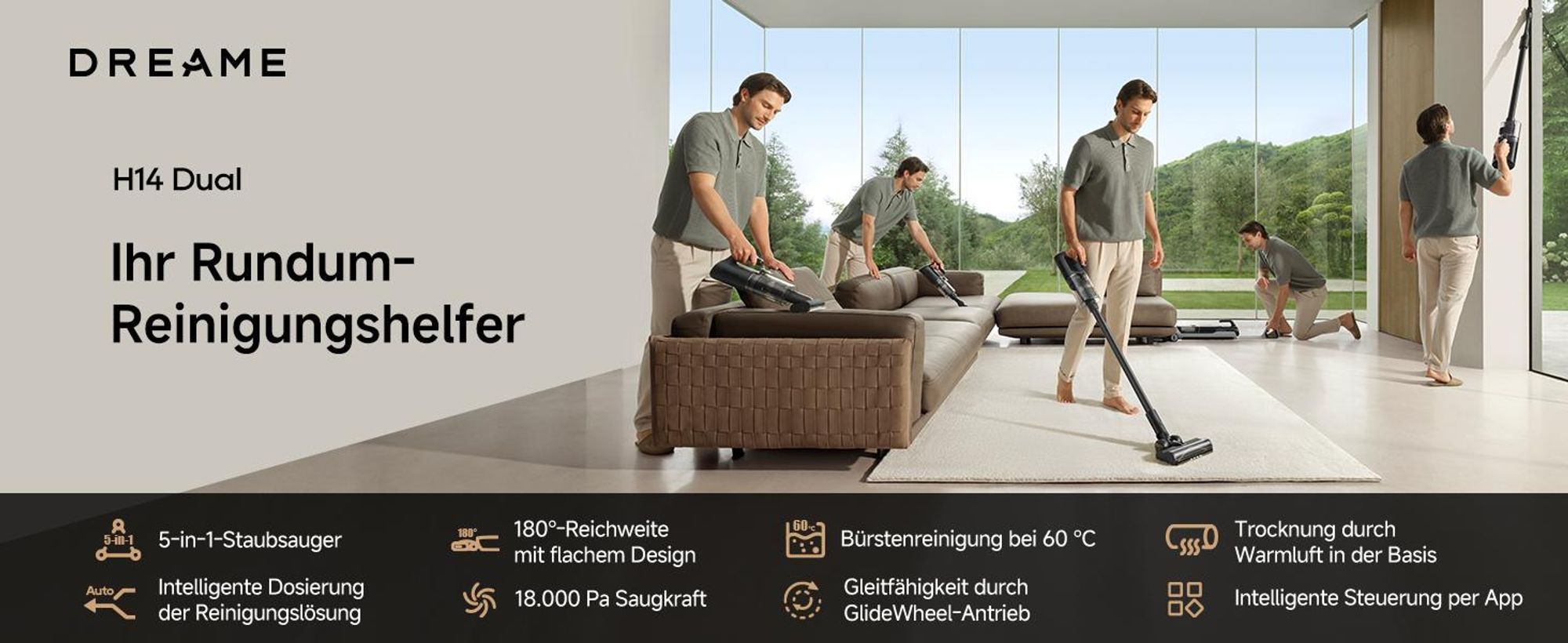 DREAME H14 Dual Nass- und Trockensauger, 5-in-1,180° Liegeposition, 18000 Pa Saugleistung,60 °C heißes Wasser,Reinigung mit zwei Kanten,App-Steuerung