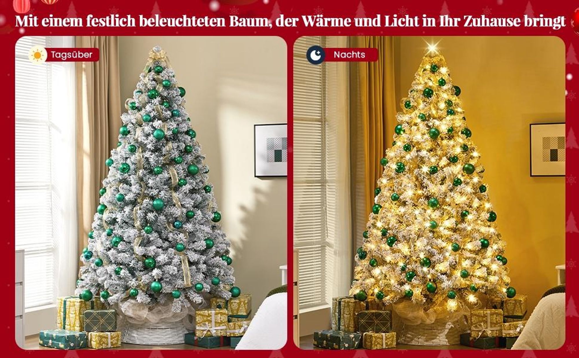 Yaheetech 213cm Künstlicher Weihnachtsbaum mit Schnee & 350 LED, ca.1000 Spitzen, Tannenbaum mit Metallständer, Weiß & Grün