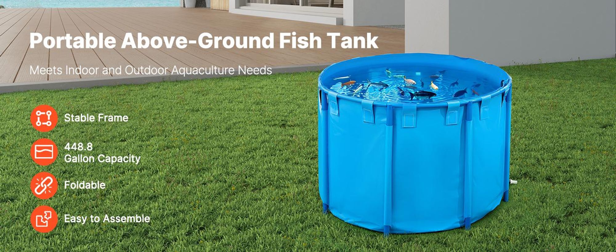 VEVOR Fischteich aus PVC, Fischtank mit 1700 L Fassungsvermögen, faltbares Koi-Aquarium, rundes Fischbecken mit stabilem Rahmen & Ablassventil, für Zucht von Koi, Goldfisch (blau)