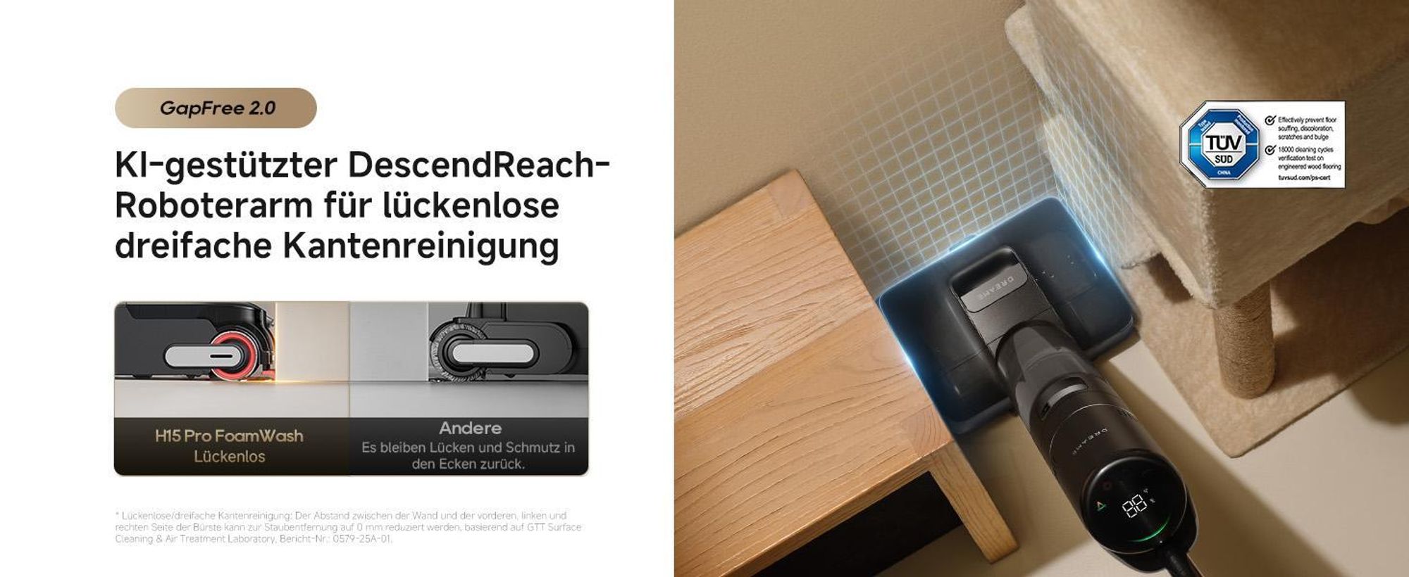 Dreame H15 Pro FoamWash Nass- und Trockensauger, 23000Pa Saugleistung, 0 Tangle, 180° Lie-Flat,60min Laufzeit,100℃ selbstreinigend,LED,4-Modus,400m²