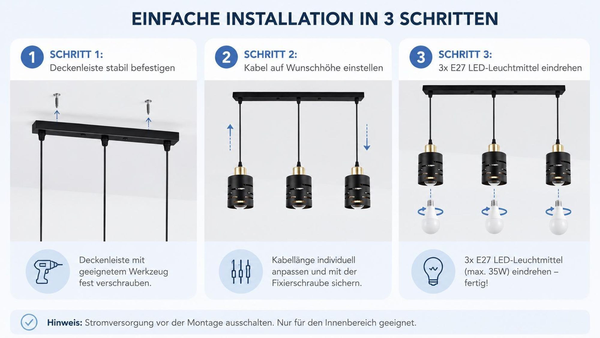 MasterLED Pendelleuchte 3-flammig - E27 Fassungen - Schwarz Gold - 50 cm Balken - Metall - modern für Esszimmer & Küche