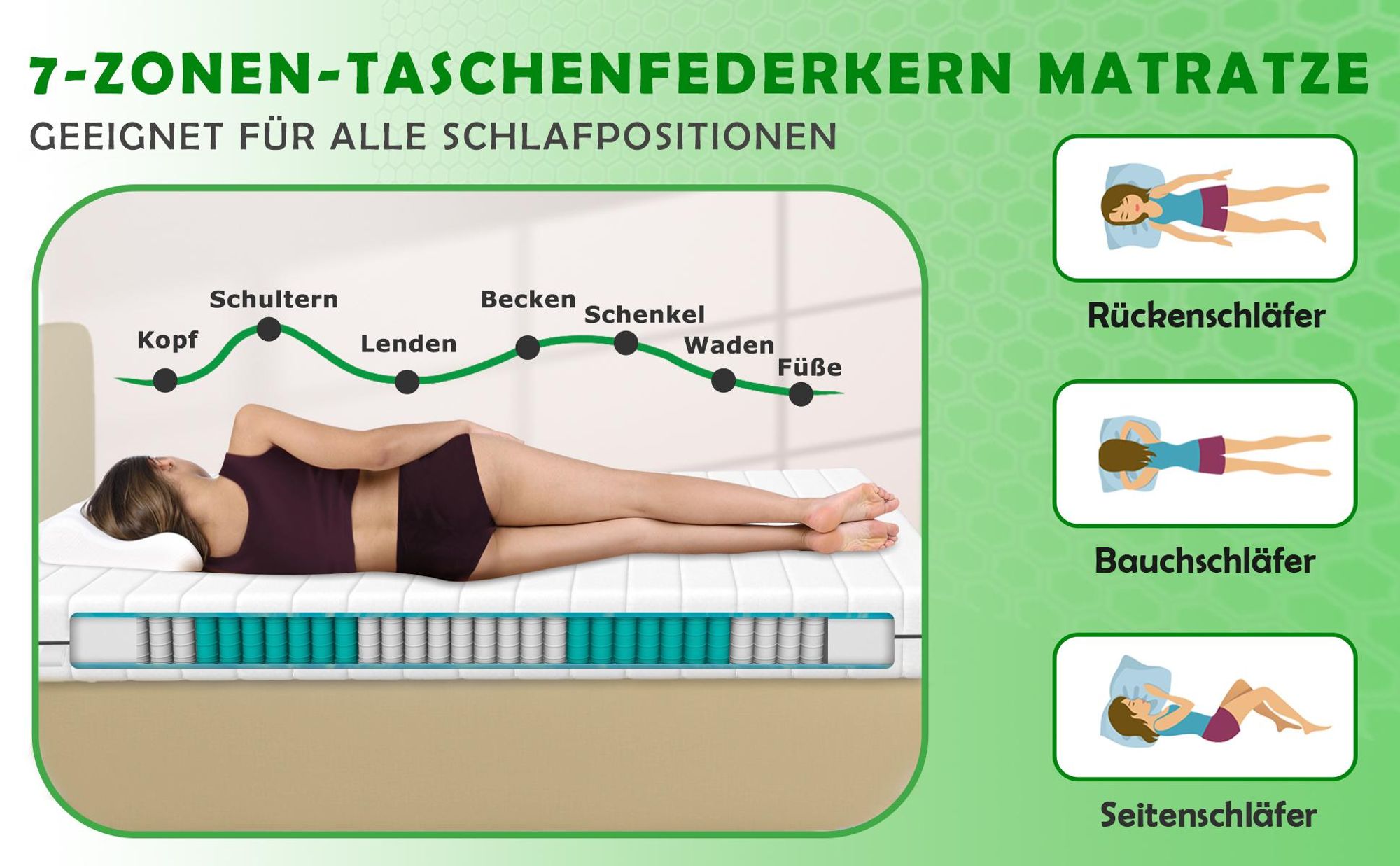 Seitenschläferin auf 7-Zonen-Taschenfederkernmatratze