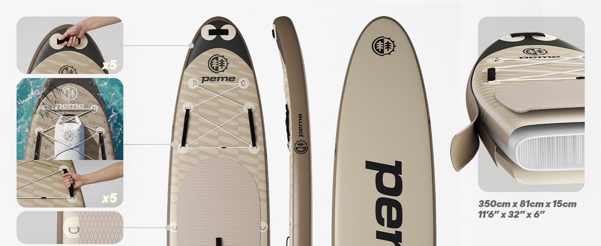 PEME Stand Up Paddle Board - Sand Storm -  350 cm - Dopple Paddel und komplette Zubehöre, SUP, Surfboard aufblasbar- Beige & Schwarz