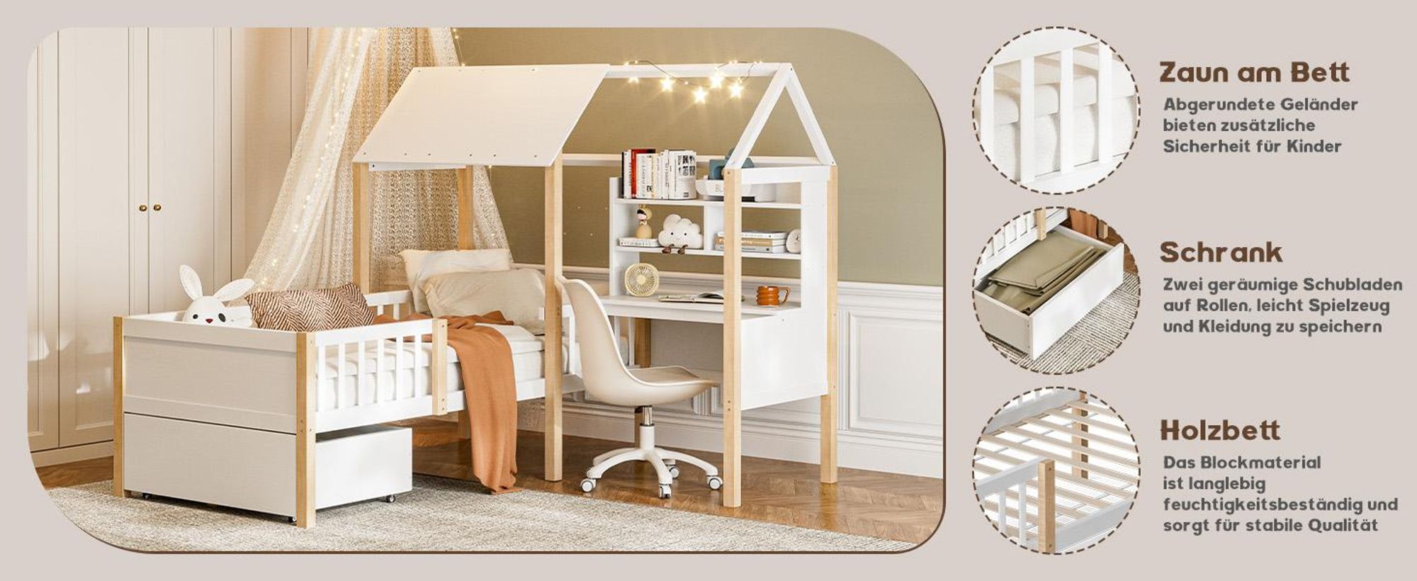 LVHOM Hausbett 90x200cm mit Schublade, Kinderbett mit Schreibtisch L-Form und Bücherregal, Kinderbett mit Lattenrost und Rausfallschutz, Holzbett