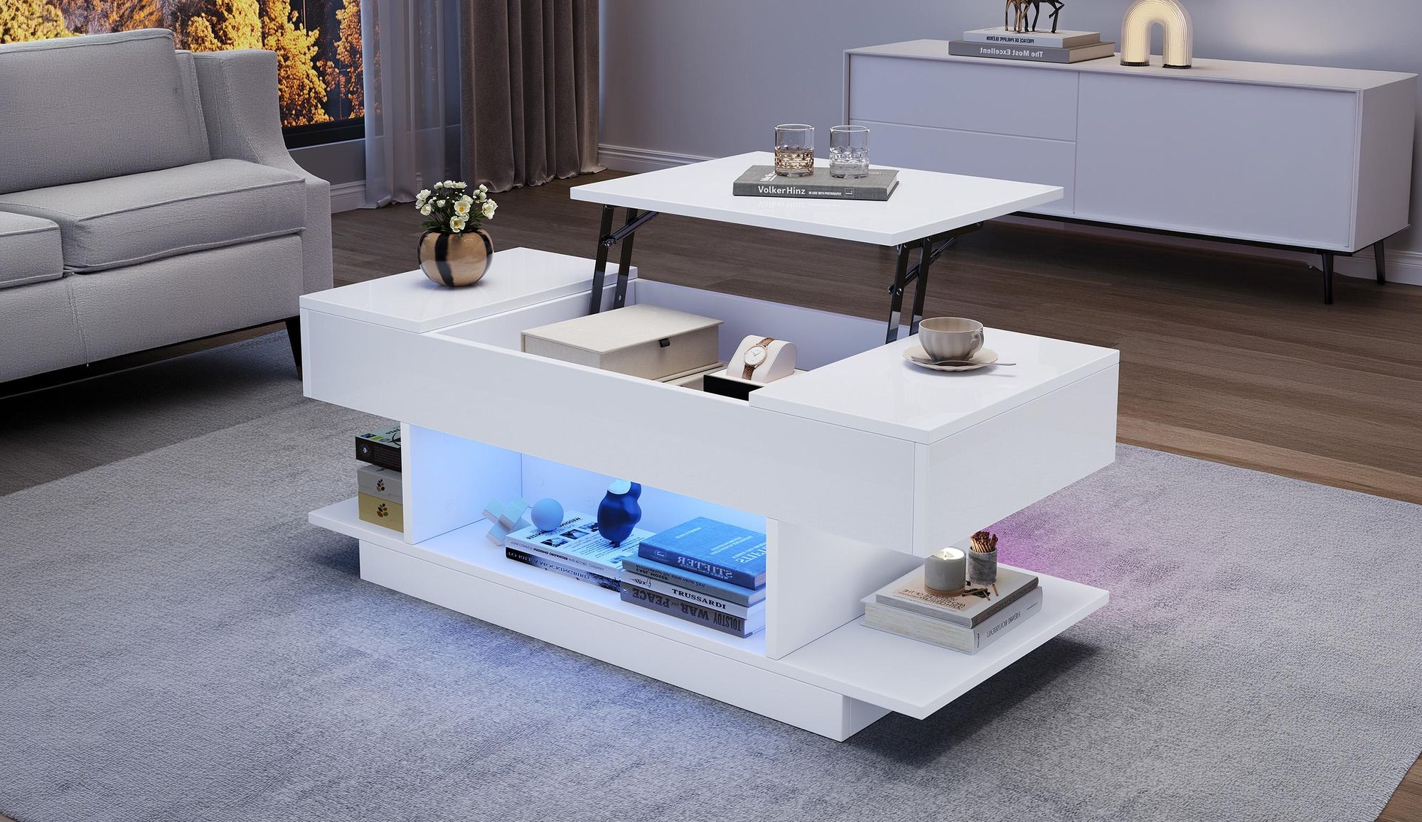 okwish Hochglanz-Couchtisch mit LED und Verstecktes Staufach,Sofatisch mit 2 Klappschränken,höhenverstellbarer Tischplatte,Weiß