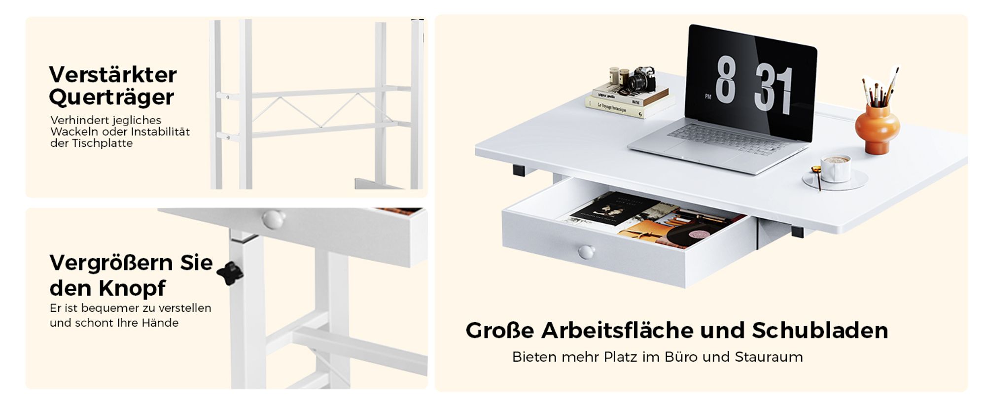 GTPLAYER Höhenverstellbarer Schreibtisch, Computertisch Laptoptisch mit Schubladen,Tisch höhenverstellbar 80 * 50*(73-115) cm Standing Desk mit Rollen