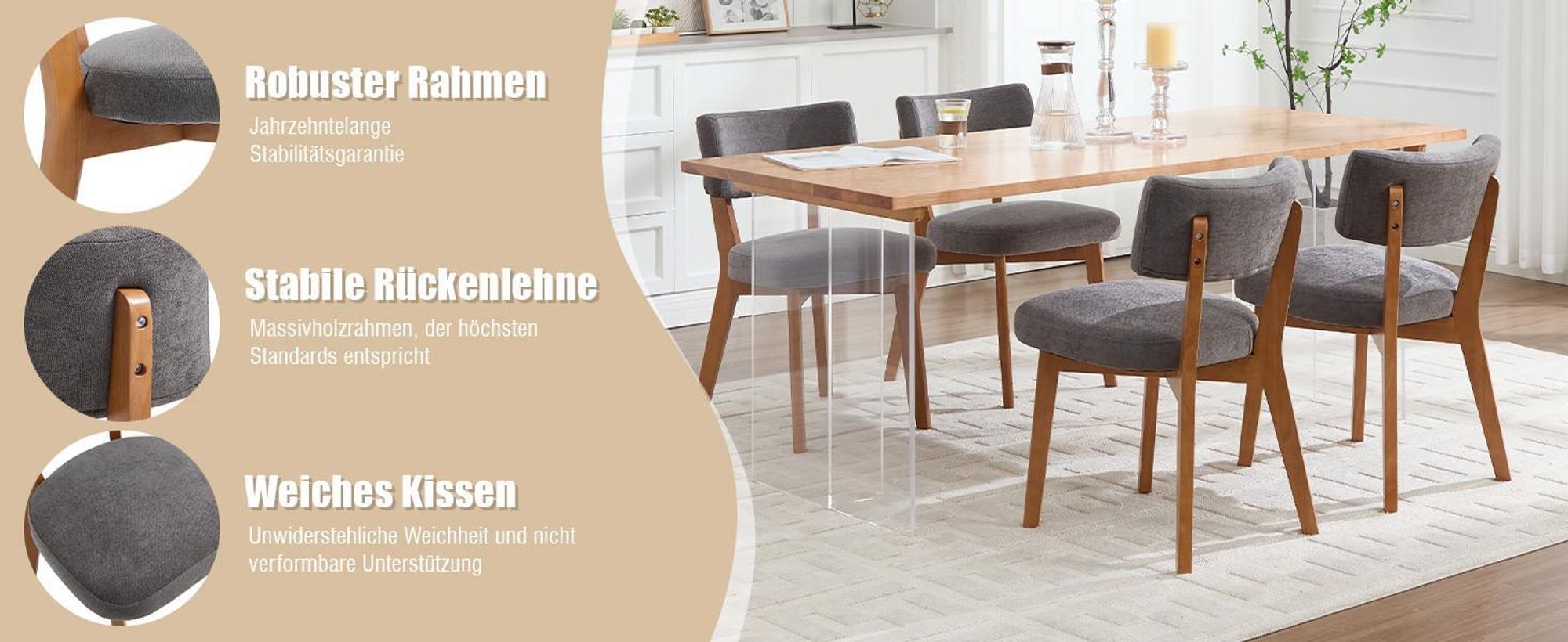 LVHOM Massiver Polsterstuhl 2er Set mit Leinenbezug, Ergonomischer Esszimmerstuhl mit Rückenlehne, Küchenstuhl, Mid Century Wohnzimmerstuhl, Grau