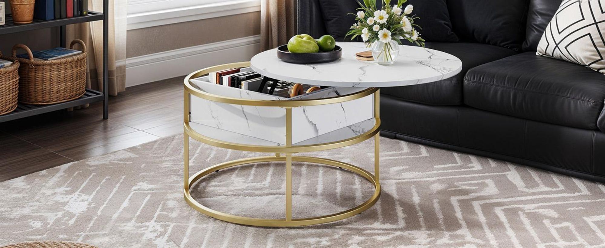 Couchtisch Rund ,Wohnzimmertisch Beistelltisch, Hebeplatte, mit Stauraum, 80 x 80 x 47 cm, Weiß+Gold