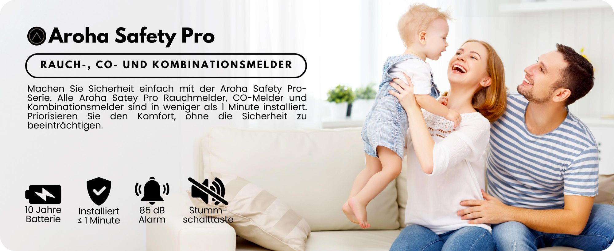 Aroha Safety Pro Kombination Rauchmelder und Kohlenmonoxid CO-Melder - 10 Jahre Batterie - CO Melder & Feuermelder - 1 set