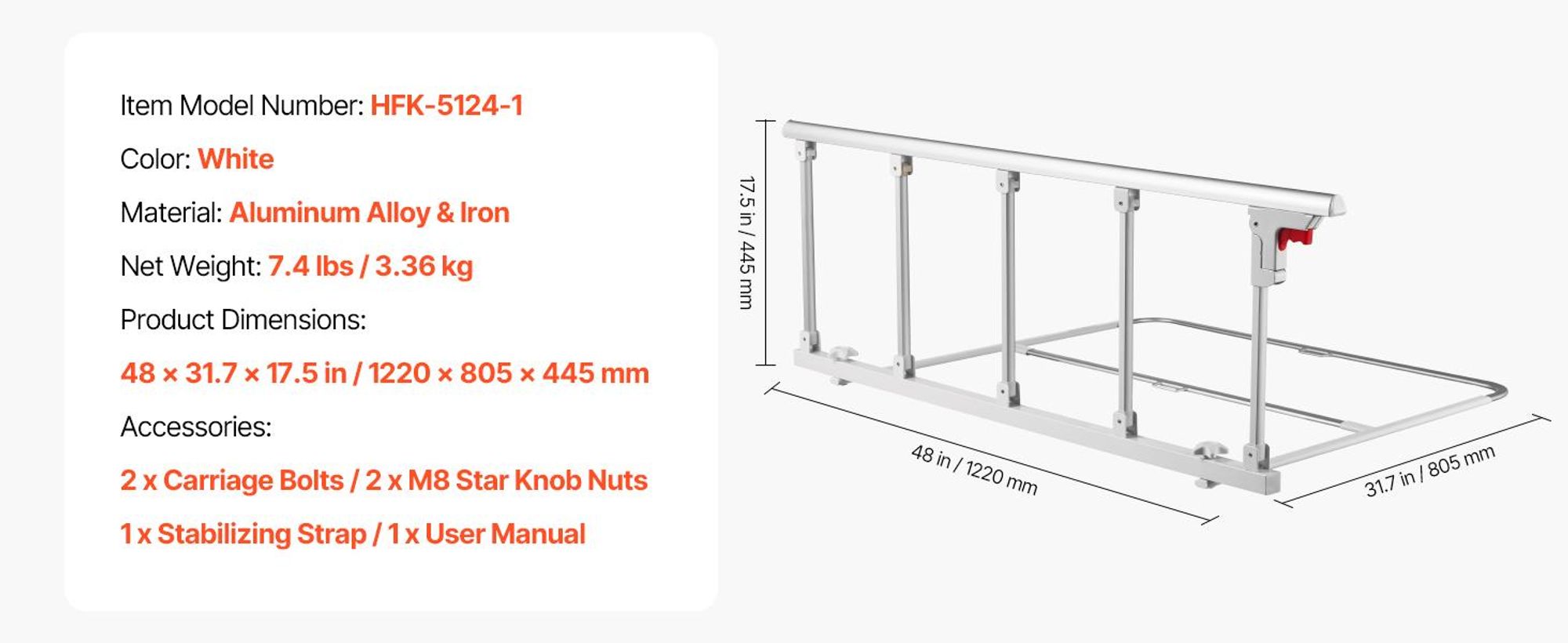VEVOR Klappbares Bettgeländer für Senioren, 122 cm Bettseitengeländer mit Befestigungsriemen, höhenverstellbares Rohr-Bettseitengestell, hochfester Metall-Senioren-Bettbalken, Handgriff passt für King, Queen, Full, Twin, Ja, Nein