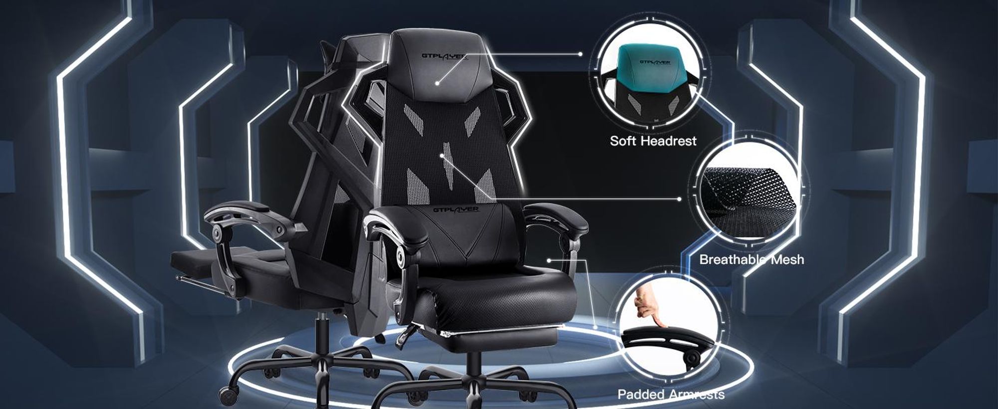 GTPLAYER Ergonomiczne krzesło biurowe Krzesło do gier Krzesło obrotowe Regulowane podparcie odcinka lędźwiowego kręgosłupa Zagłówek Przyjazne dla pleców krzesło wykonawcze z łączonymi podłokietnikami Kółka w kolorze czarnym