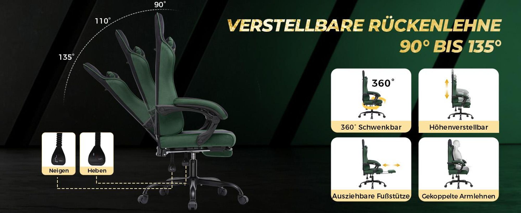 GTPLAYER Gaming Stuhl Ergonomischer Gaming Sessel Schreibtischstuhl mit Stoffoberfläche, Federsitzkissen, Verbindungsarmlehnen und Fußstütze 150KG, gr
