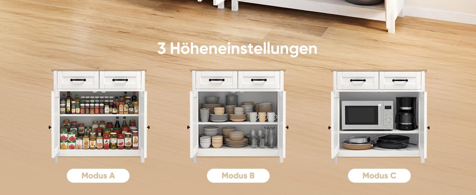 HOKEEPER Küchenschrank, Sideboard Wohnzimmer, Kommode mit 2 Schubladen und 2 Türen, Küchenbuffet mit Arbeitsplatten, Braun