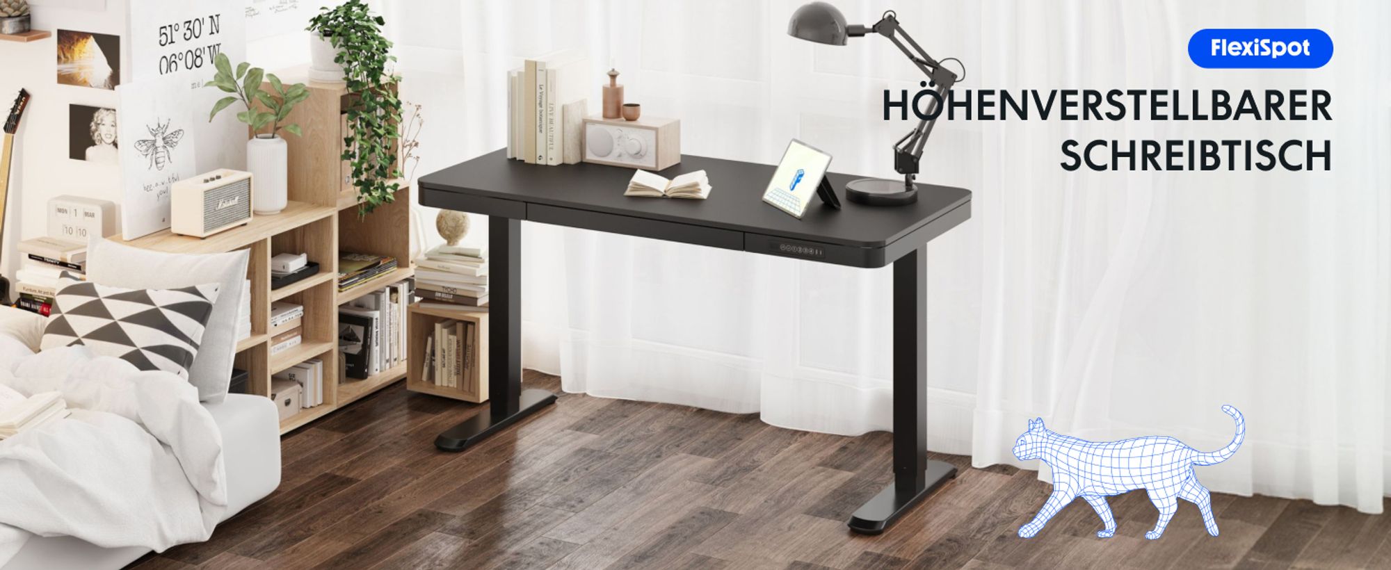 FLEXISPOT Q3 Höhenverstellbarer Schreibtisch Elektrisch mit Schublade, USB A&C, 4 Speicherplätzen, Antikollisionsschutz, LED-Display 120x60cm(Schwarz)