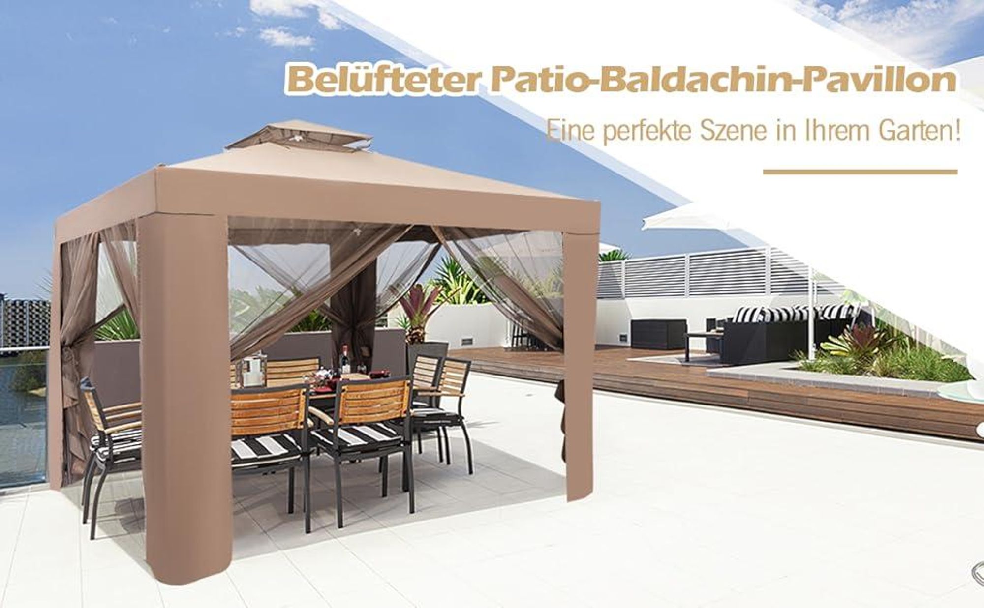 COSTWAY Gartenpavillon Gartenzelt mit 4 Seitenwänden, Moskitonetz & Reißverschluss, Pavillon Partyzelt Festzelt Sonnenschutz 300x300x265cm Kaffee