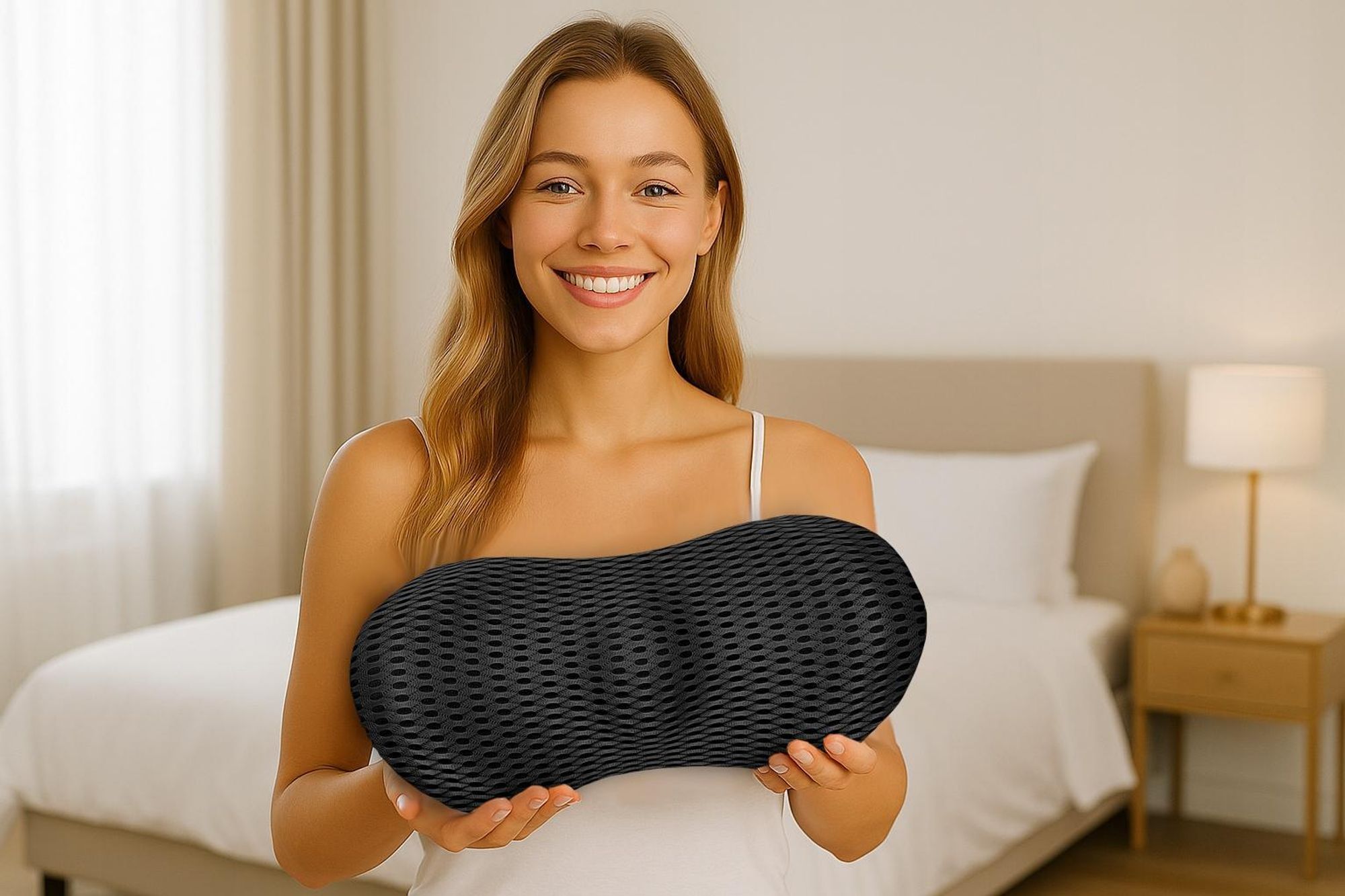 Bedrový vankúš, profilovaný, z pamäťovej peny, čierny, do auta, kancelárie, na spanie