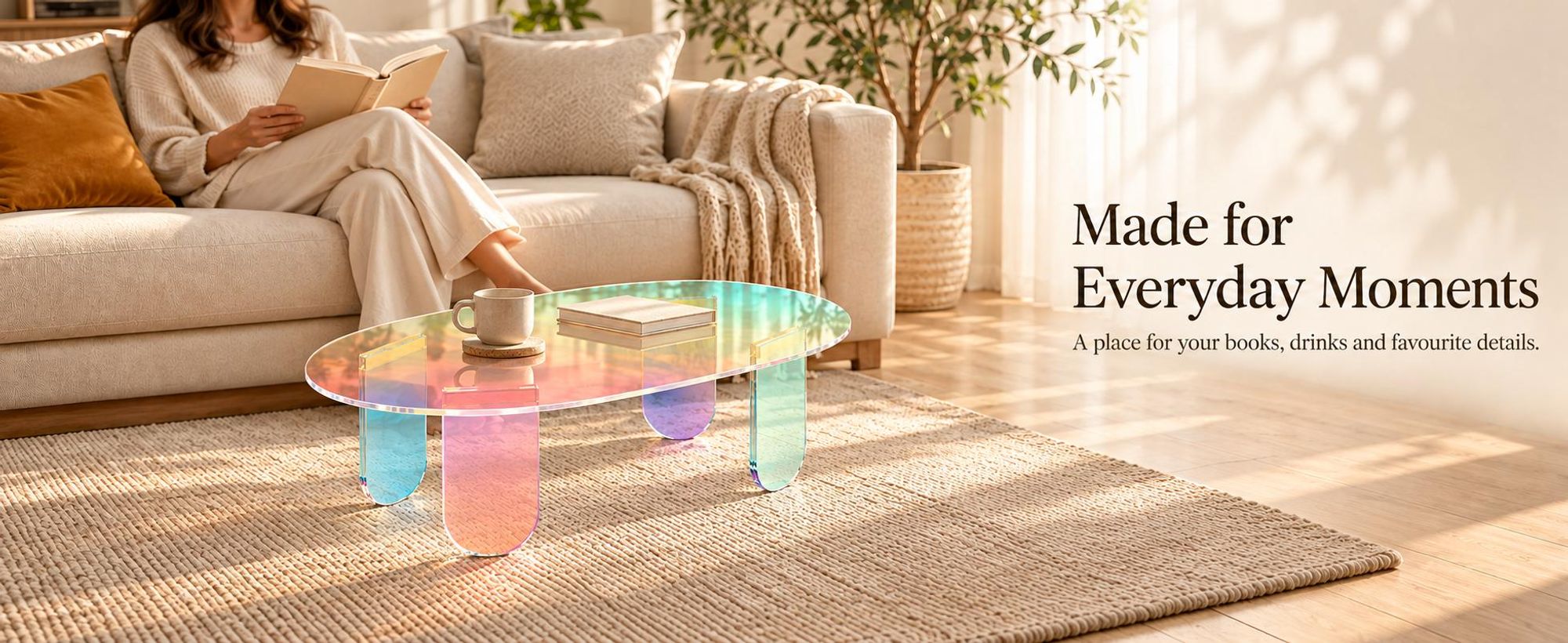 WISFOR Acryl Couchtisch oval, schillernder Wohnzimmertisch mit PVC-Schutzmatte, 95 x 50 x 36 cm