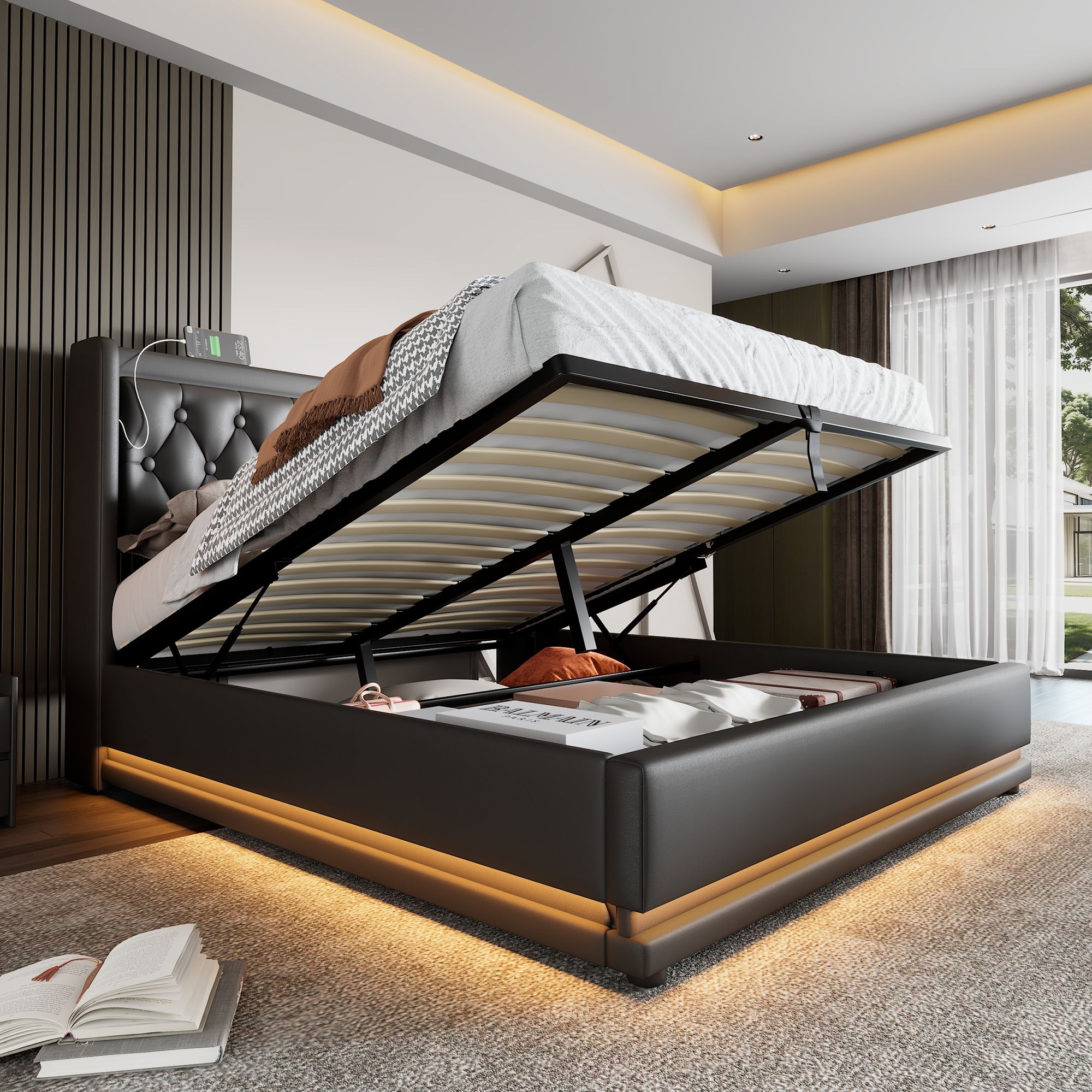 Flieks Polsterbett 160x200cm mit USB & Typ-C, Doppelbett Jugendbett mit LED, Hydraulisches Stauraumbett Boxspringbett mit Lattenrost, PU, Schwarz