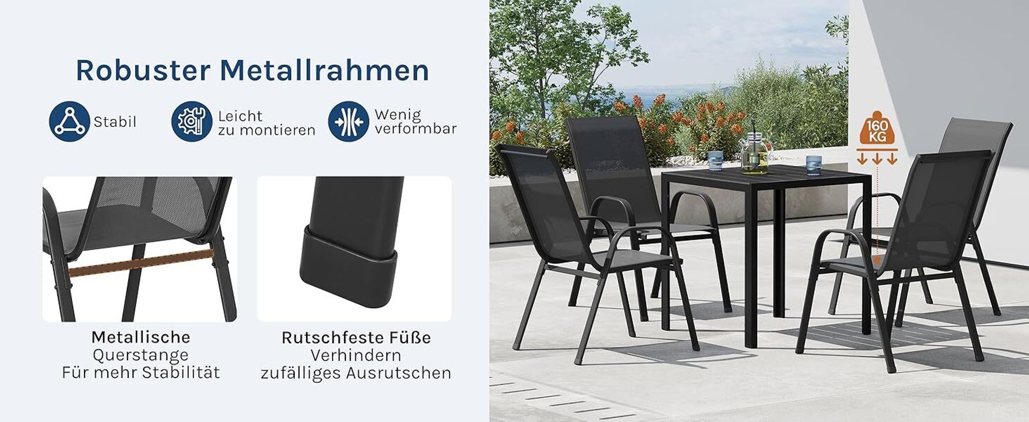 WOLTU Gartensessel, stapelbare Gartenstühle, ergonomisch, wetterfest, Dunkelgrau