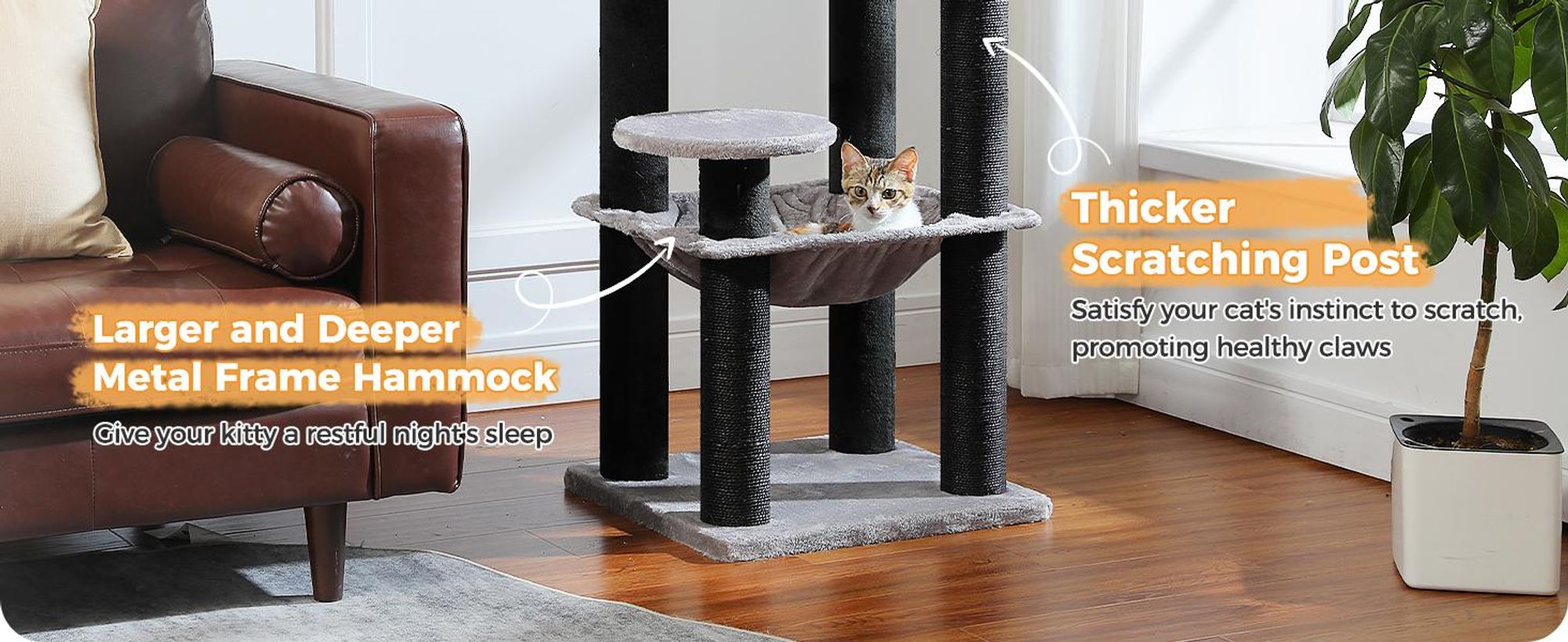 PURPURRA Großer Kratzbaum mit verstärkten Kratzstämmen (φ 8,1 cm) für große ausgewachsene Katzen, 13.6 kg, 146.8 cm
