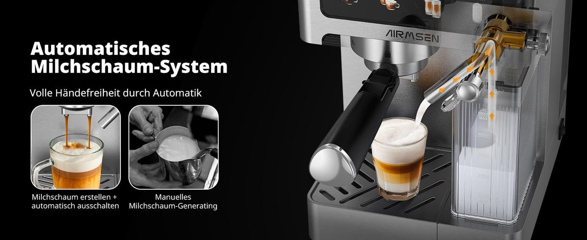 AIRMSEN Espressomaschine,20Bar,mit Milchsystem,Kaffeemaschine mit Touchscreen,Heiß-und Kalt-Extraktion,Bedienung per Knopfdruck,automatische Reinigung