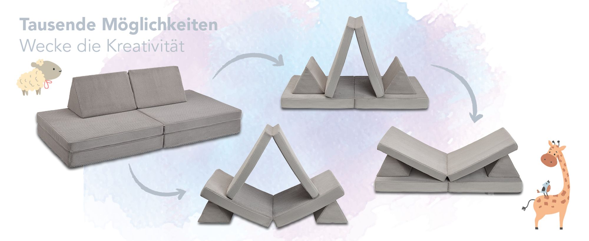 Modulares Kinder Spielsofa | XDREAM Abenteuersofa | Kordbezug hellgrau | mit Schlaffunktion