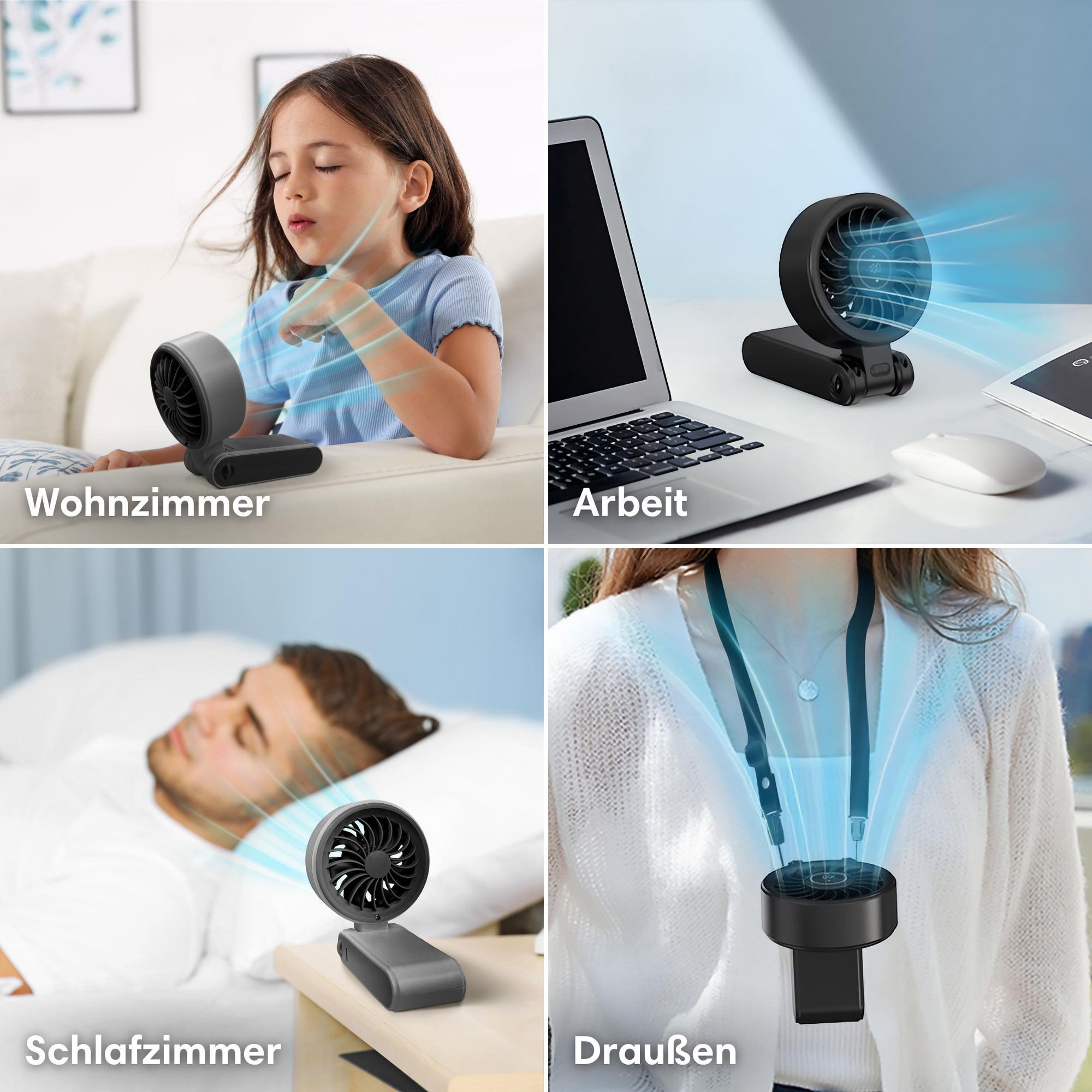 Vulpes Goods Handventilator PRO 3-in-1, wiederaufladbar & tragbar, kabelloser Mini-USB-Ventilator, leistungsstarker Motor, faltbares Design