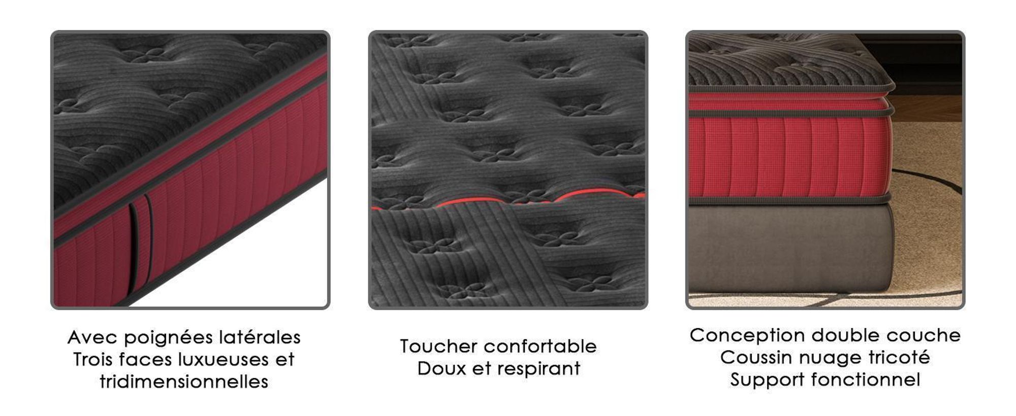 DEWINNER Ensemble Matelas et Sommier 160x200, Surmatelas Épaisseur 30 cm, Fermeté Moyenne, Sommiers à Lattes avec 9 Pieds pour Adulte, 2x16 Lattes