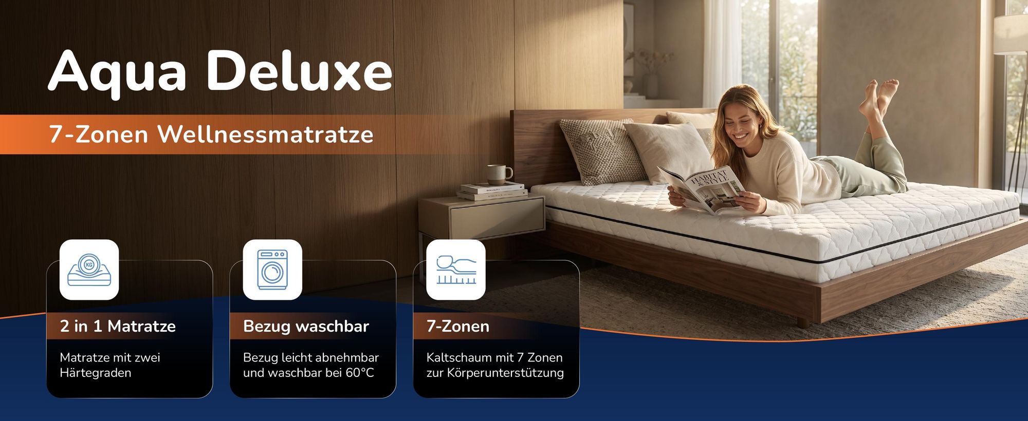 MSS e.K. Aqua Deluxe - 7 Zonen Wellness Matratze - 130 x 200 cm | Höhe 16 cm (Kernhöhe ca. 14 cm) | Härtegrad H2 & H3 | Kaltschaummatratze