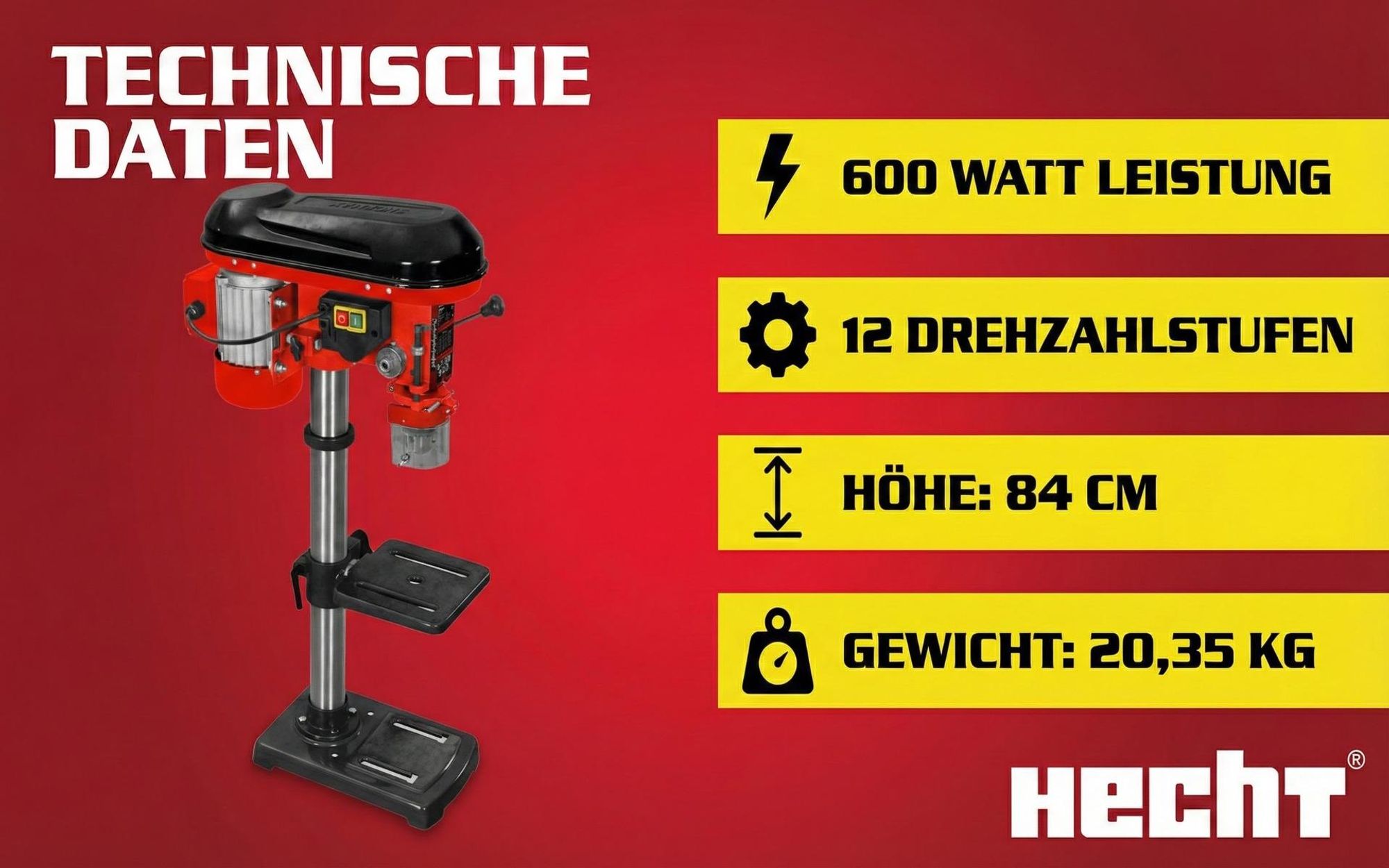 HECHT 1063 Standbohrmaschine Profi | 600 W | 2700 U/min | 1,5 – 16 mm Bohrfutterspannweite