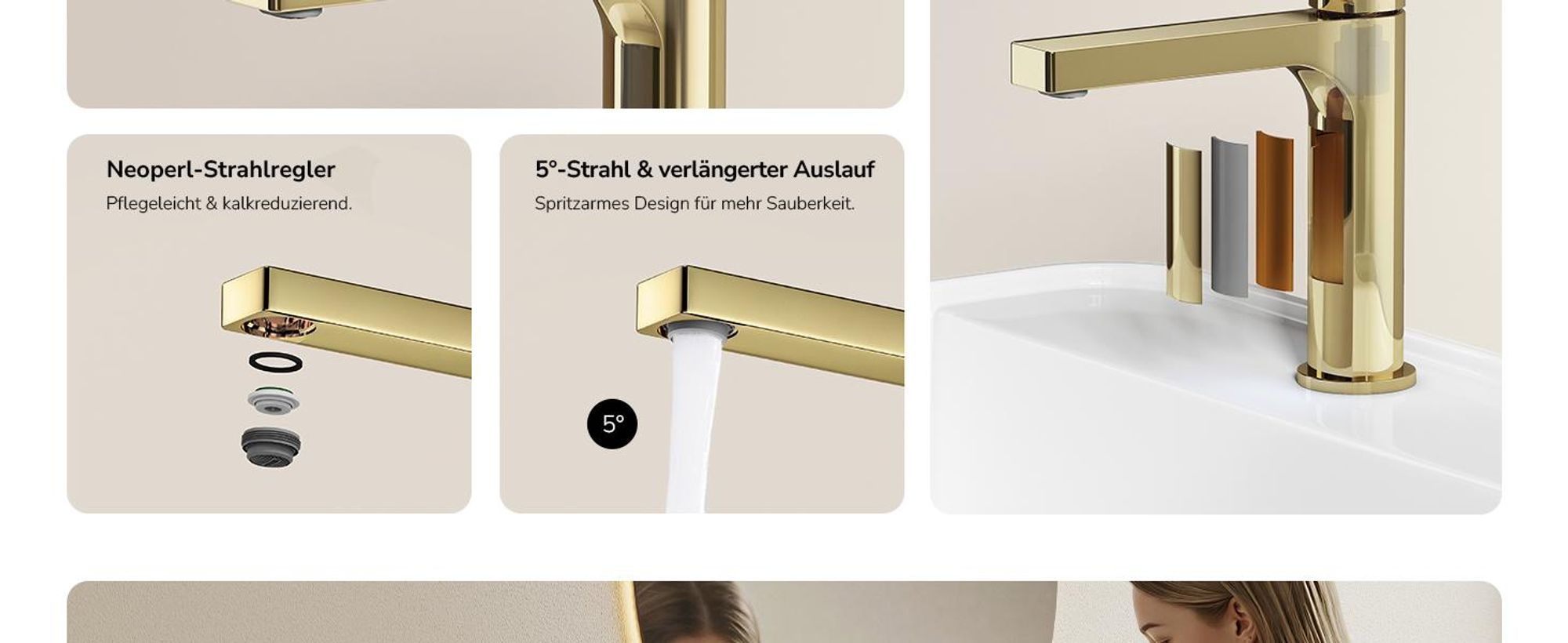 EMKE Wasserhahn Bad Champagner-Gold 195x173x46mm, Messing, Keramikkartusche, Badarmatur, Mischbatterie Waschbecken-Armatur, Waschtischarmatur