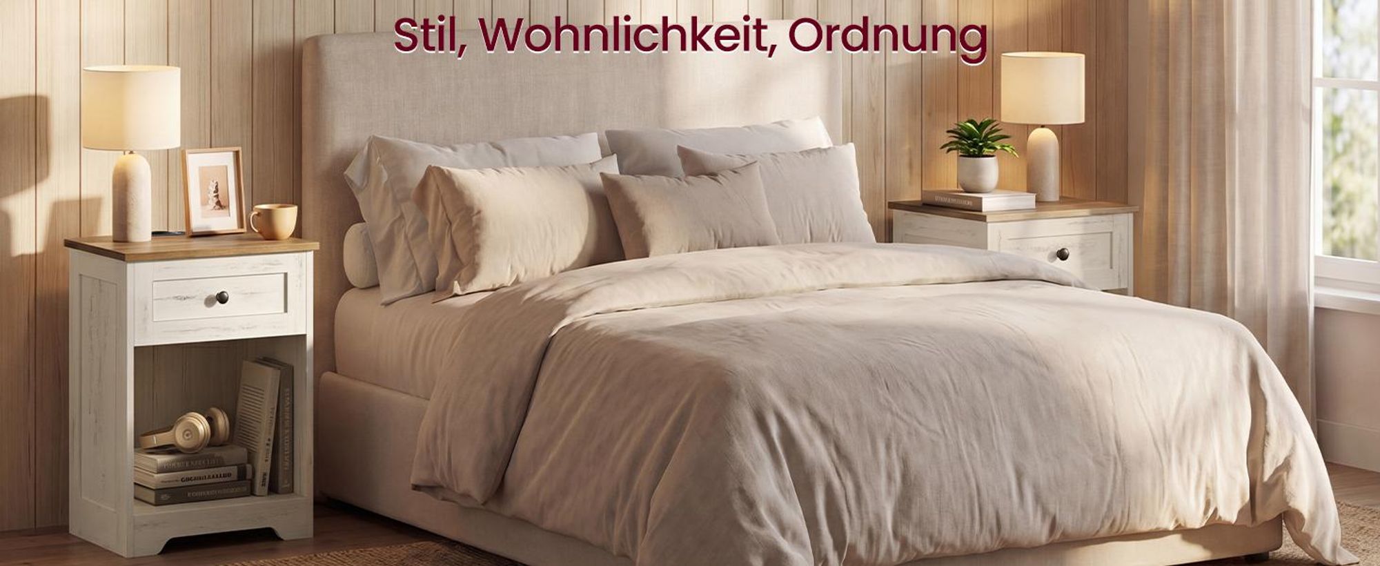 VASAGLE Nachttisch im Landhausstil mit Steckdose und USB, Beistelltisch mit Schublade, 40 x 30 x 59 cm, Weiß und Braun