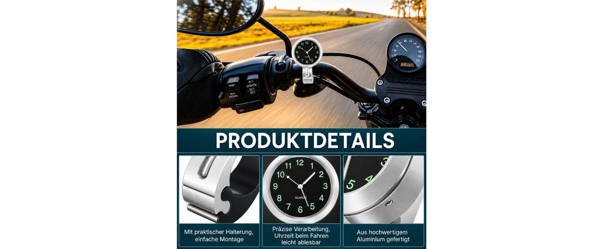 A76C Motorrad Lenker Uhr – Einbau Digital-Quarzuhr mit Beleuchtung, wasserdichte Zeitanzeige für Motorrad & Roller