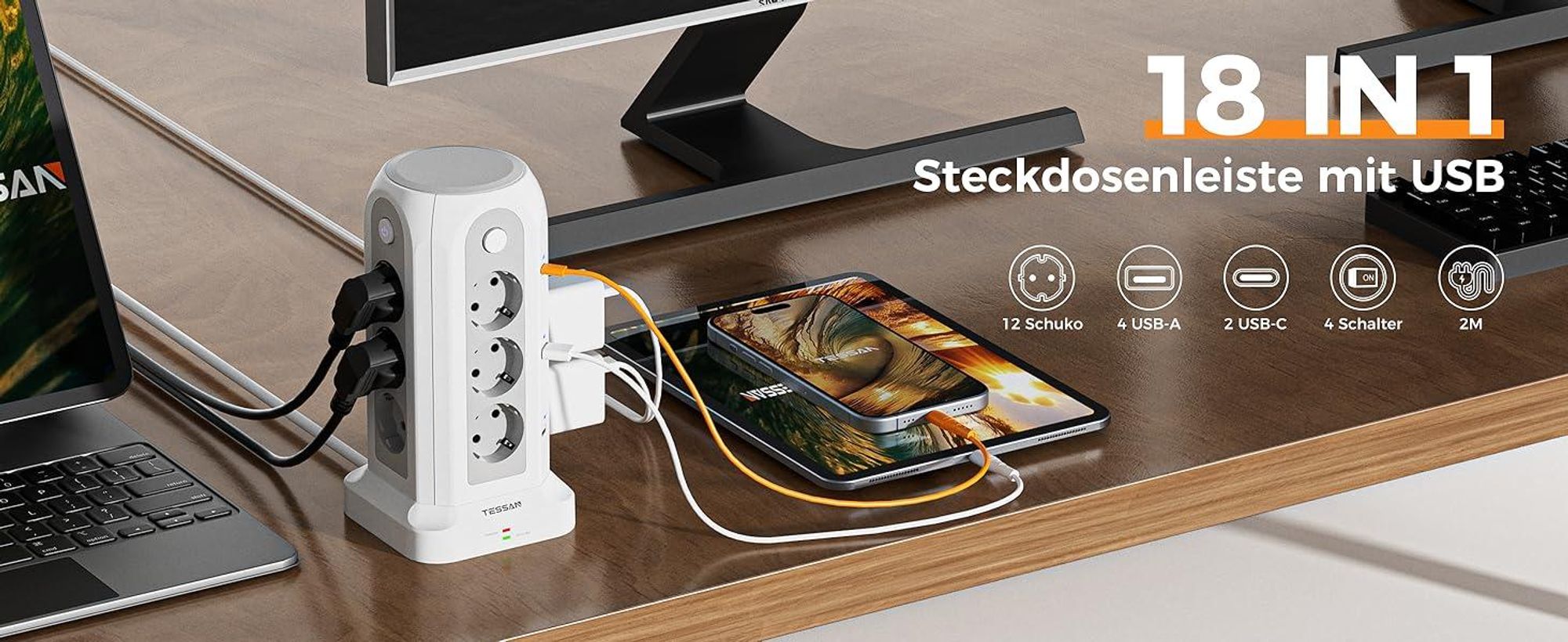 18 in 1 Mehrfachsteckdose mit 2 USB C und 4 USB A