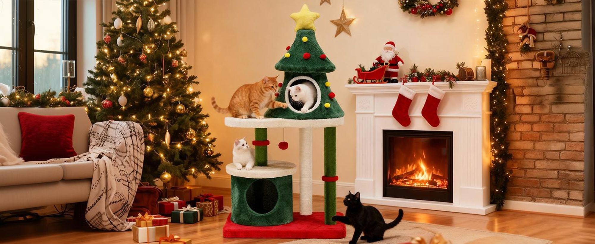 COMHOMA tiragraffi con design ad albero di Natale 123 cm, stabile torre per gatti ad albero con tiragraffi, casa per gatti a più piani con piattaforme e palla da gioco