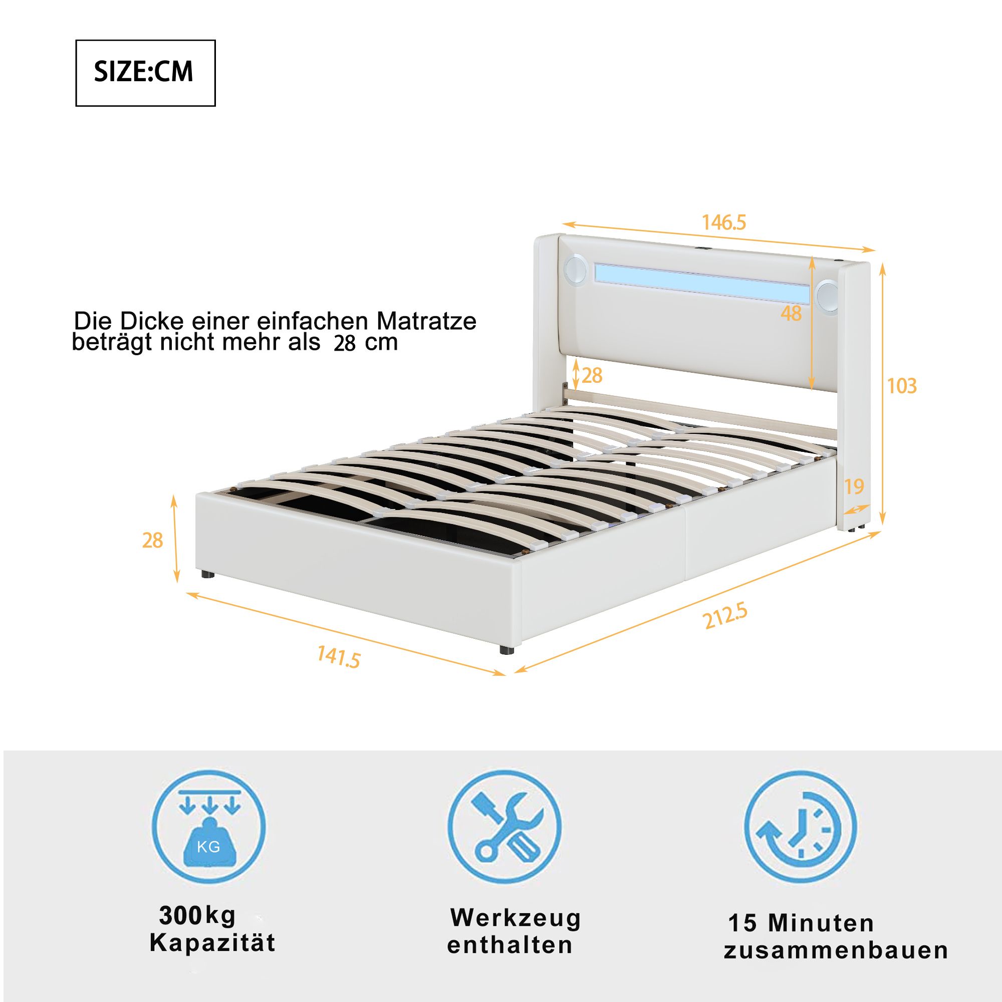 Flieks Polsterbett 140x200cm mit USB und Bluetooth-Player, Boxspringbett Doppelbett mit LED und Lattenrost, Stauraumbett Jugendbett, PU, Weiß
