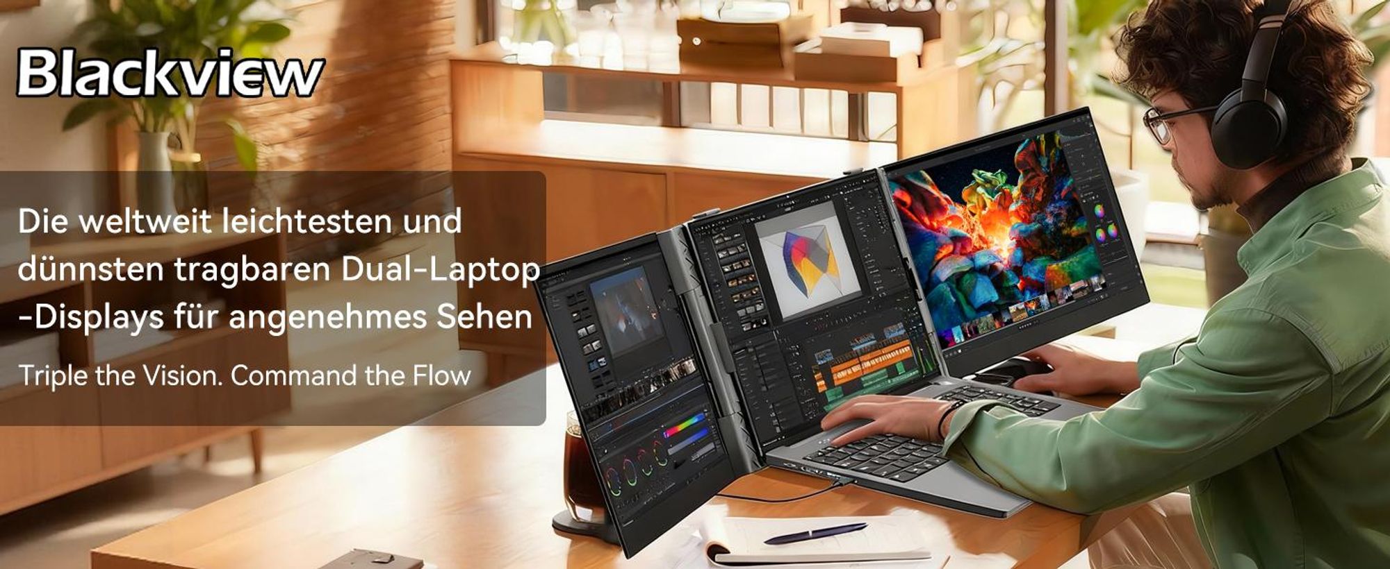 Blackview Tragbarer Bildshirm DCM6 14" mit A3 Bluetooth-Box Dual-Screen-Laptopmonitor, ultradünn, FHD, für 13,3"-17,3" Laptops, 180° drehbar