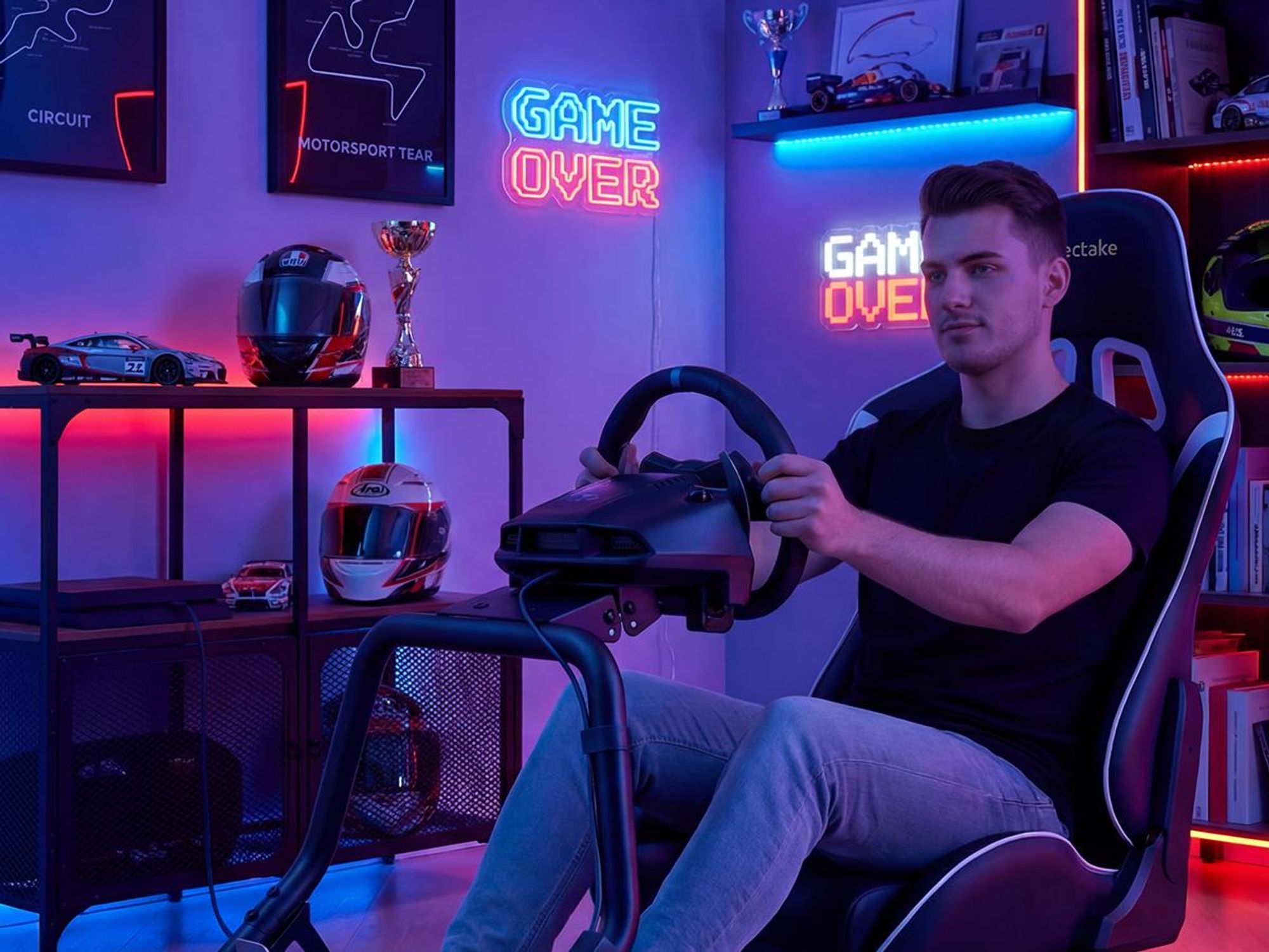 tectake Gamingstuhl Sim-Racing-Cockpit GT-Style Rennsitz 12-stufig verstellbar kompatibel Logitech Fanatec Thrustmaster Stahl Kunstleder