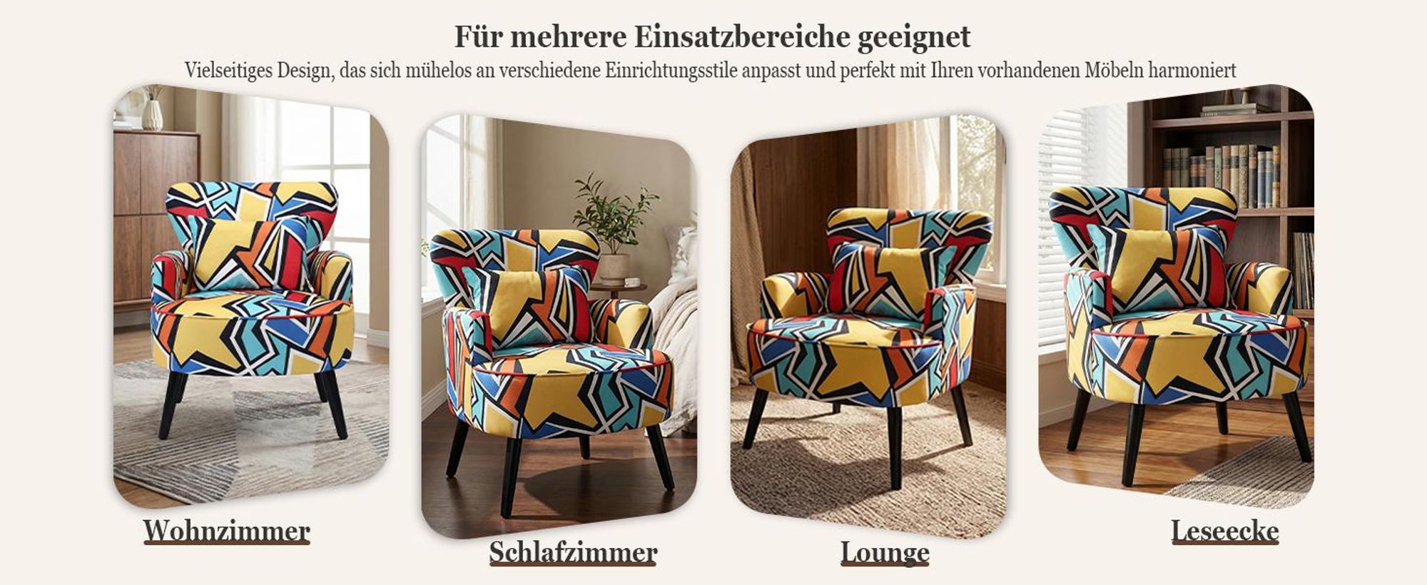 Ohrensessel Bunt, Vintage Sessel Wohnzimmer mit Holzbeinen Ergonomischer Sessel mit geometrischem Muster, Sessel Wohnzimmer für Schlafzimmer