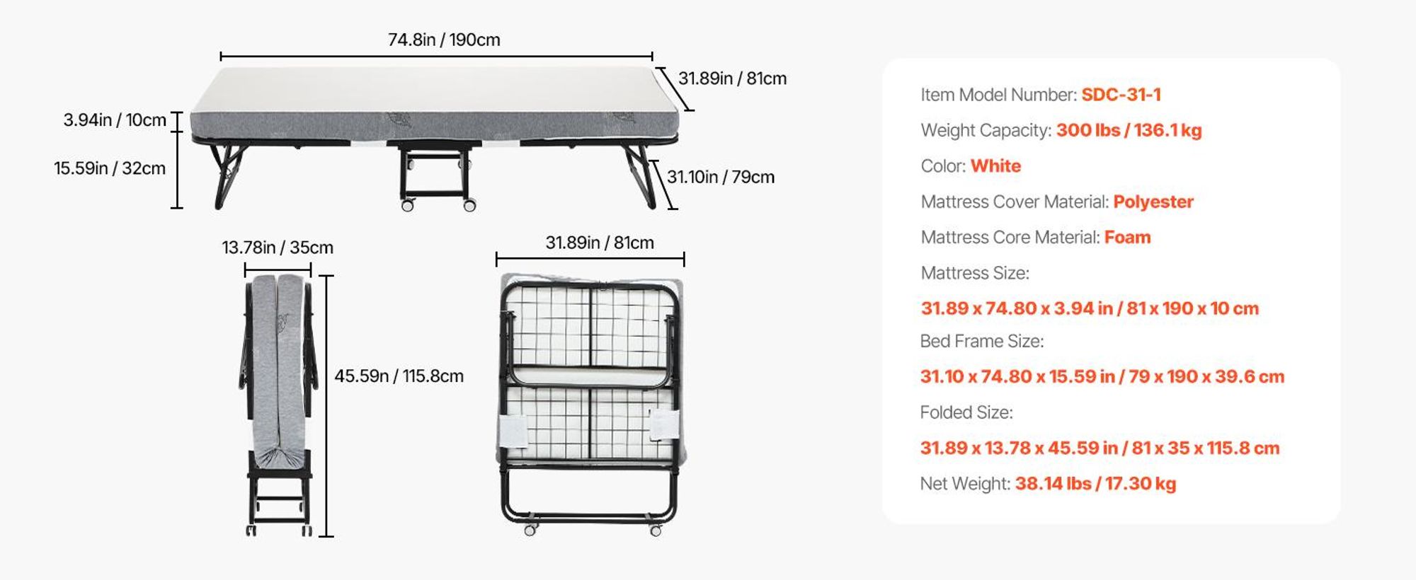 VEVOR Klappbett mit 10 cm Matratze mit Memory Foam-Matratze (190 x 81 cm), Tragkraft 136,1 kg Gästebett für Erwachsene