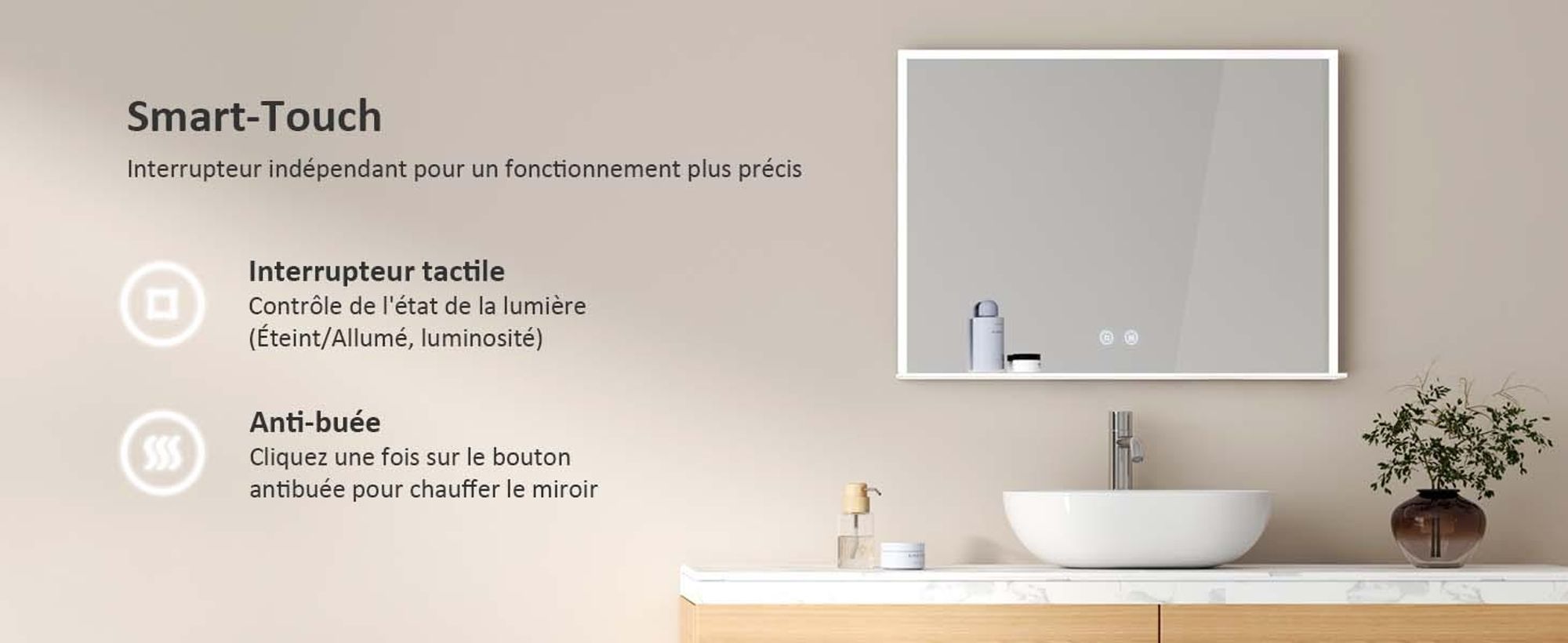 EMKE Miroir de salle de bain 80x60cm éclairage LED avec rangement Miroir de salle de bain horizontal interrupteur tactile 6500K antibuée miroir horizontal tactile blanc froid