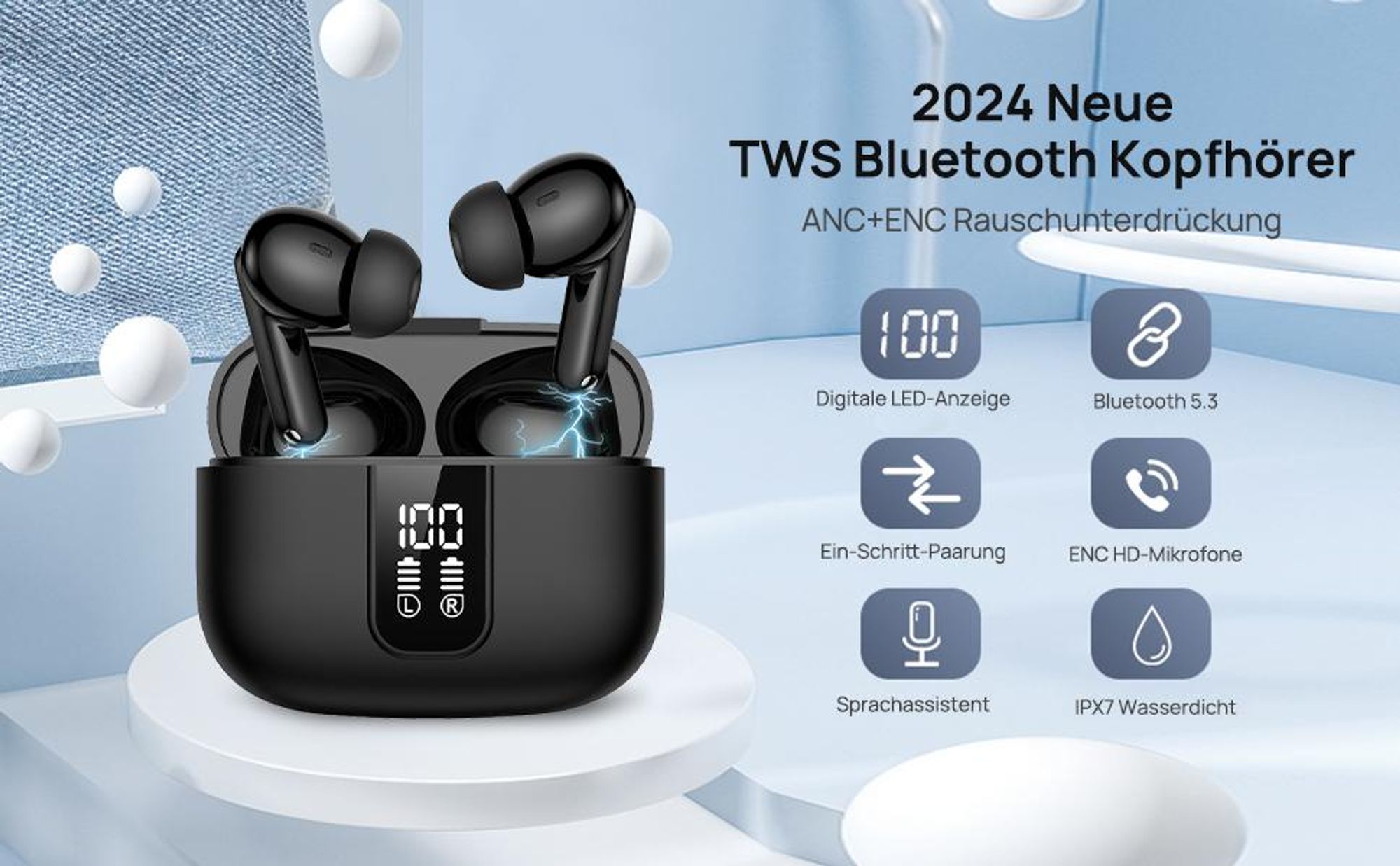 7MAGIC Bluetooth Kopfhörer, Kopfhörer Kabellos Bluetooth 5.3 In Ear Kopfhörer mit 4 ENC Noise Cancelling Mic, IPX7 Wasserdicht Ohrhörer LED Anzeige USB-C für Sport und Arbeit, Schwarz