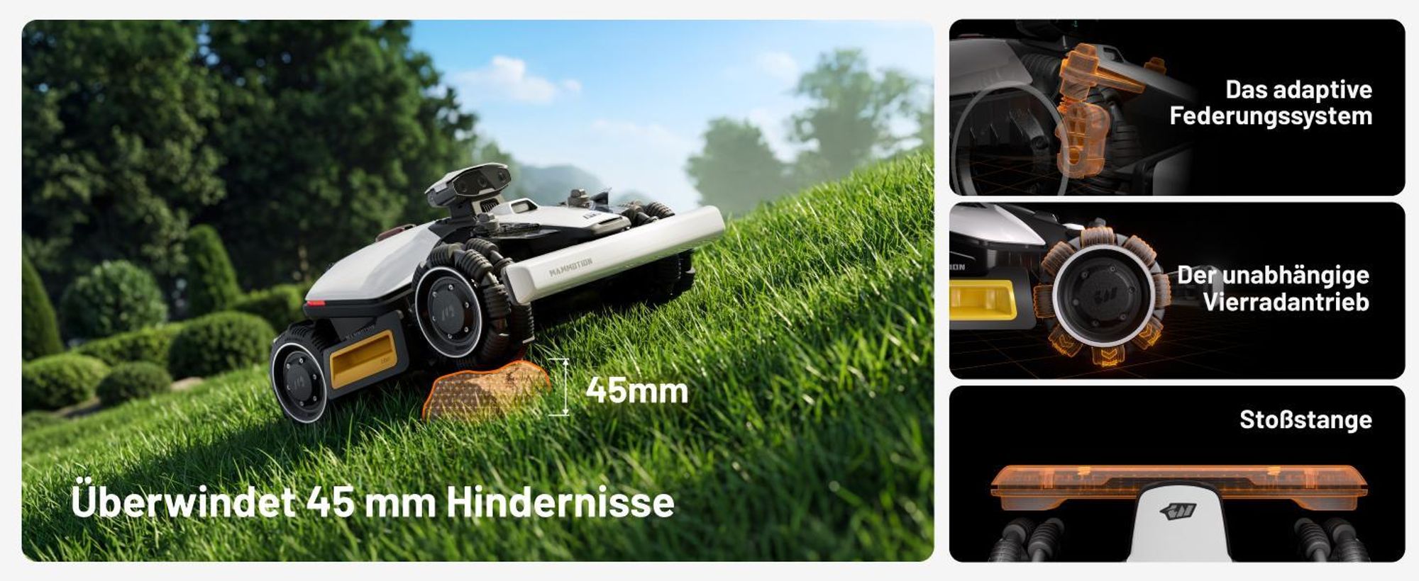 Mähroboter Mammotion LUBA Mini 2 AWD 1000, ohne Kabel, für bis zu 1000m², Triple-Kamera-KI + NetRTK, Randmähen, DropMow, 80% Steigung, 4G Moudel, APP