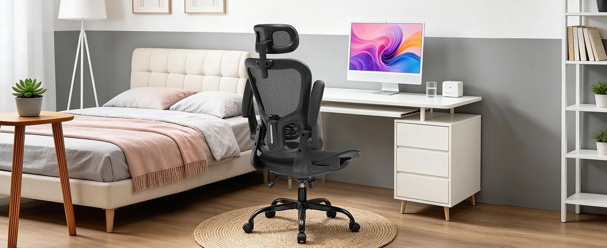 COMHOMA Ergonomiczne krzesło biurowe, krzesło do biurka z regulowanym zagłówkiem, podłokietnikami, podparciem lędźwiowym, funkcją bujania, krzesło gabinetowe z siatki, 150 kg