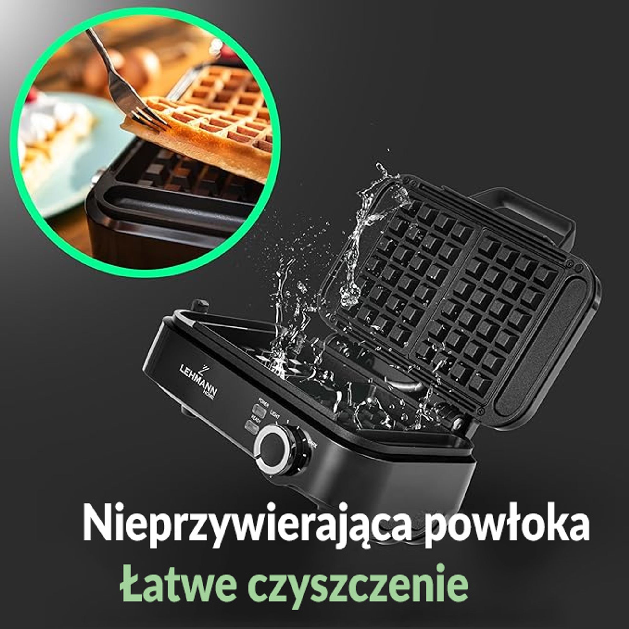 Gofrownica LEHMANN CRISP 2000W na dwa duże gofry, regulacja temperatury, mocna niewyciekająca, chrupiace gofry w 4 min