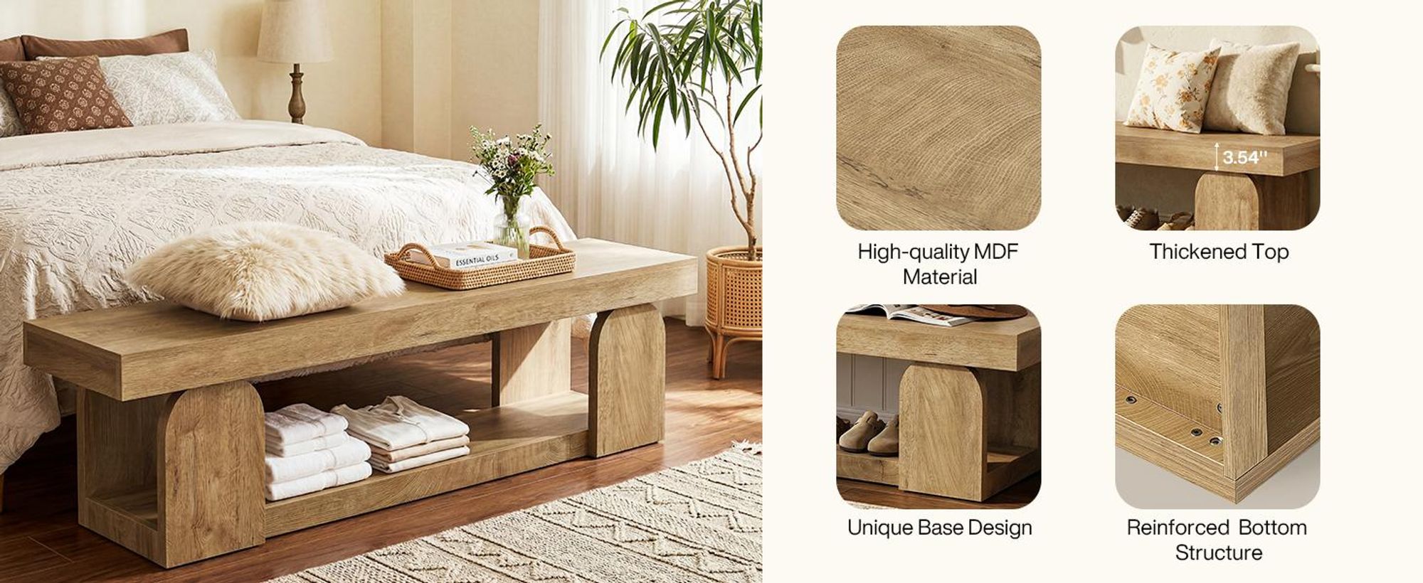 160 cm Sitzbänke mit Ablagefach, hölzerne Sitzbank für Schlafzimmer, Flur, Eingangsbereich, Naturholz