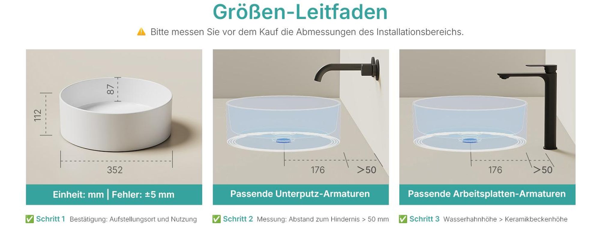 EMKE Aufsatzwaschbecken Rund 352x352x112mm aus Keramik, glänzend weiß glasiert, ohne Hahnloch & Überlauf, Modernes Design für stilvolle Badezimmer